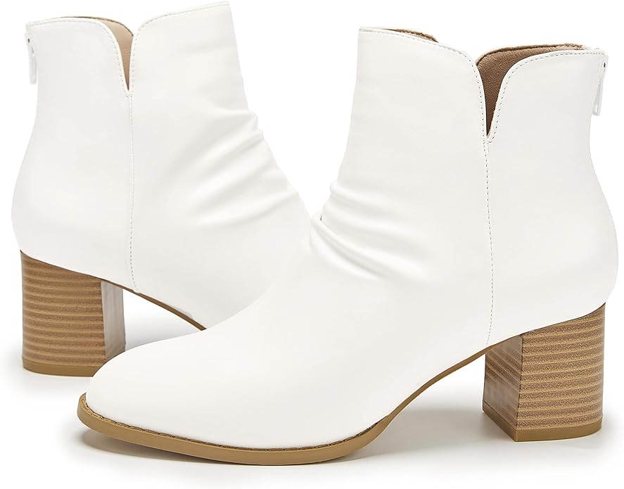 Women’s Slouch Ankle Boots V Cut Stacked Block Heel Slip On Boot Faux Leather