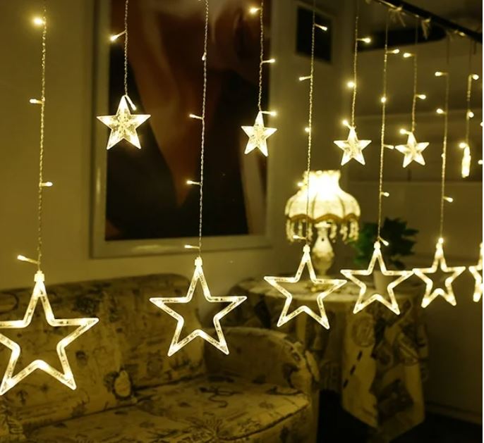 12 Stars Curtain LED Starry String Lights, Easy To Use, Safe, Power-saving and Eco-friendly, Window Curtain Lights, Warm White (138 LED - Star)