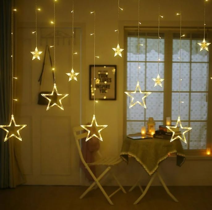 12 Stars Curtain LED Starry String Lights, Easy To Use, Safe, Power-saving and Eco-friendly, Window Curtain Lights, Warm White (138 LED - Star)