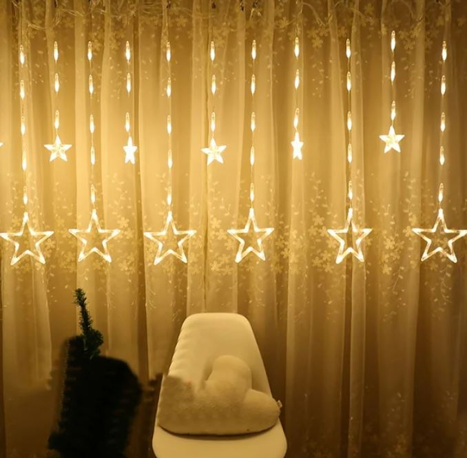 12 Stars Curtain LED Starry String Lights, Easy To Use, Safe, Power-saving and Eco-friendly, Window Curtain Lights, Warm White (138 LED - Star)