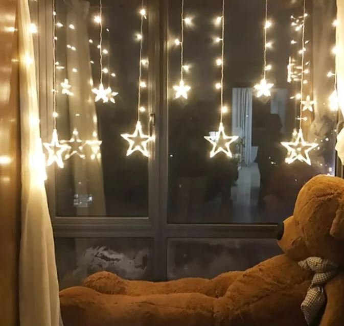 12 Stars Curtain LED Starry String Lights, Easy To Use, Safe, Power-saving and Eco-friendly, Window Curtain Lights, Warm White (138 LED - Star)