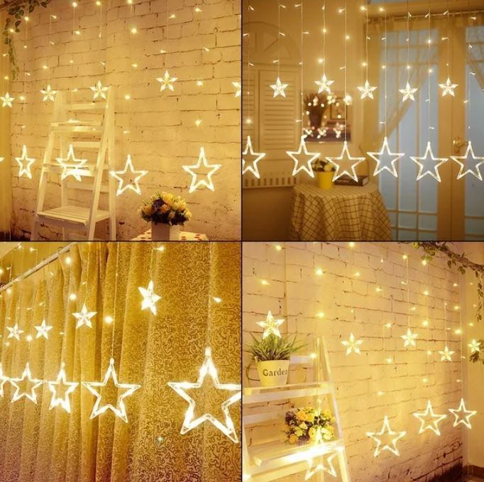 12 Stars Curtain LED Starry String Lights, Easy To Use, Safe, Power-saving and Eco-friendly, Window Curtain Lights, Warm White (138 LED - Star)