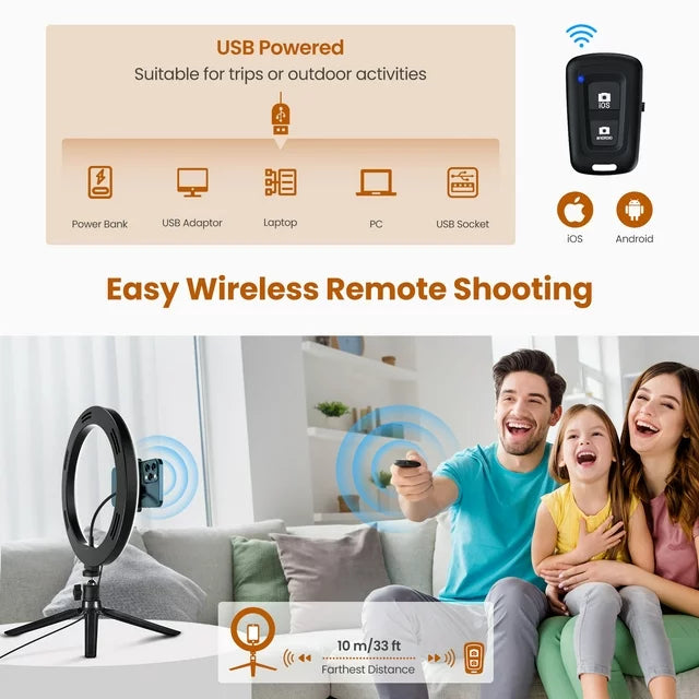 Victsing 10" LED Ring Light, Adjustable Tripod, Remote Control, and Selfie Stick