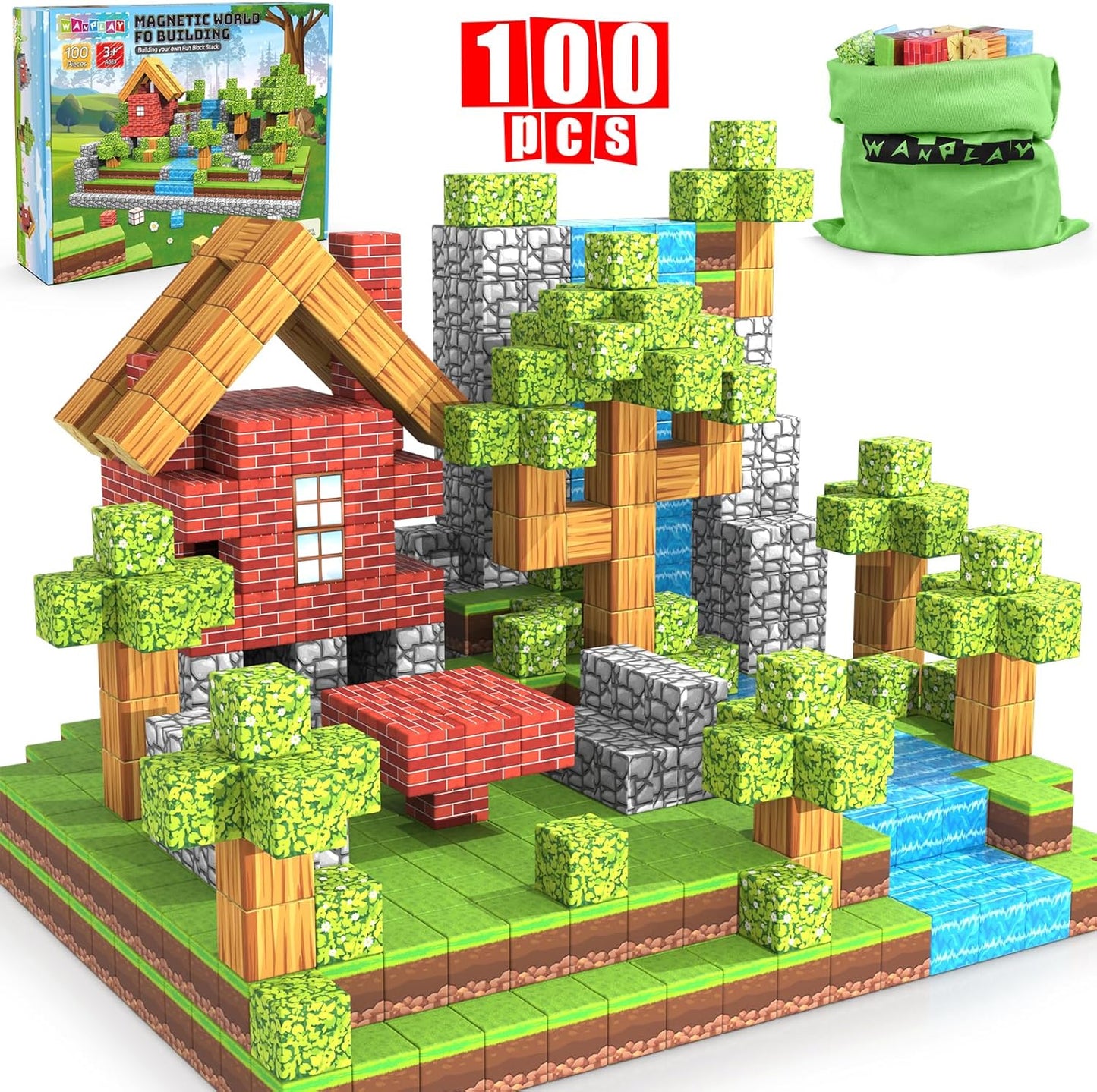 Magnetic Blocks, 100PCS Magnetic Building Blocks for Kids, Build Mine Magnet World Set STEM
