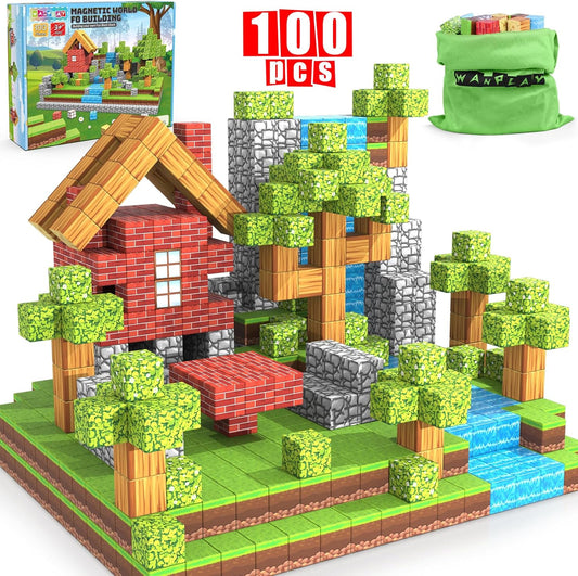 Wanplay Magnetic Blocks, 100PCS Magnetic Building Blocks for Kids, Build Mine Magnet World Set STEM